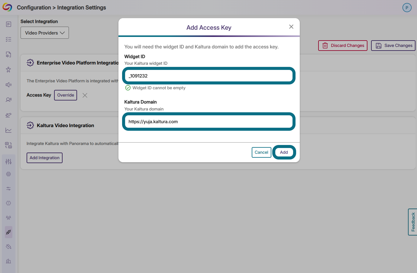 The input fields for widget ID and Kaltura domain.