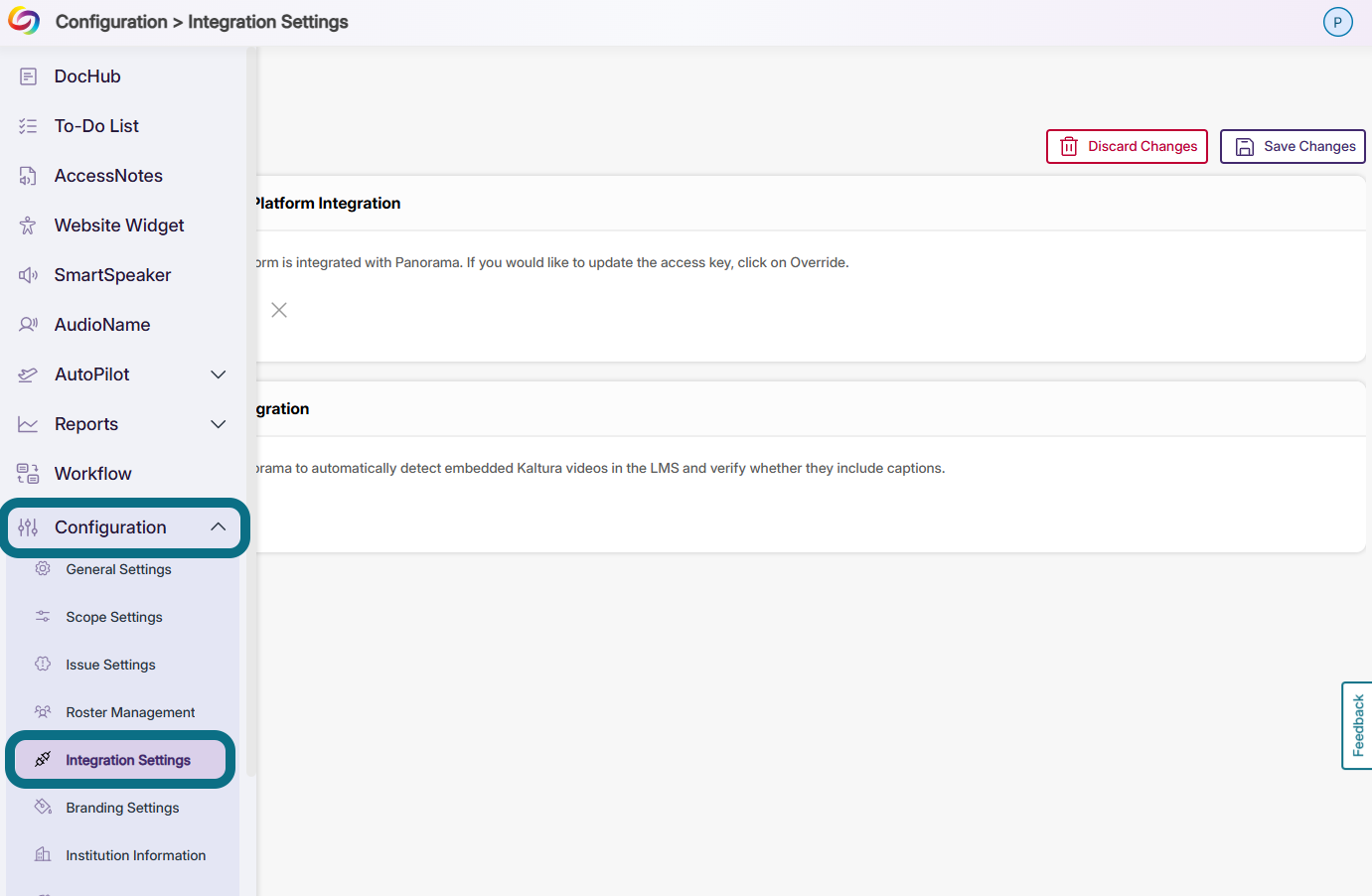 The Integration Settings is a sub-menu item of Configuration.