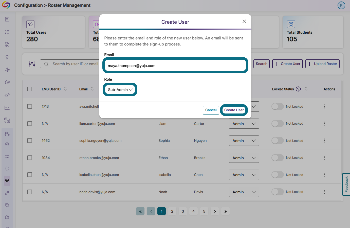 the Email and Role field within the Create User window.