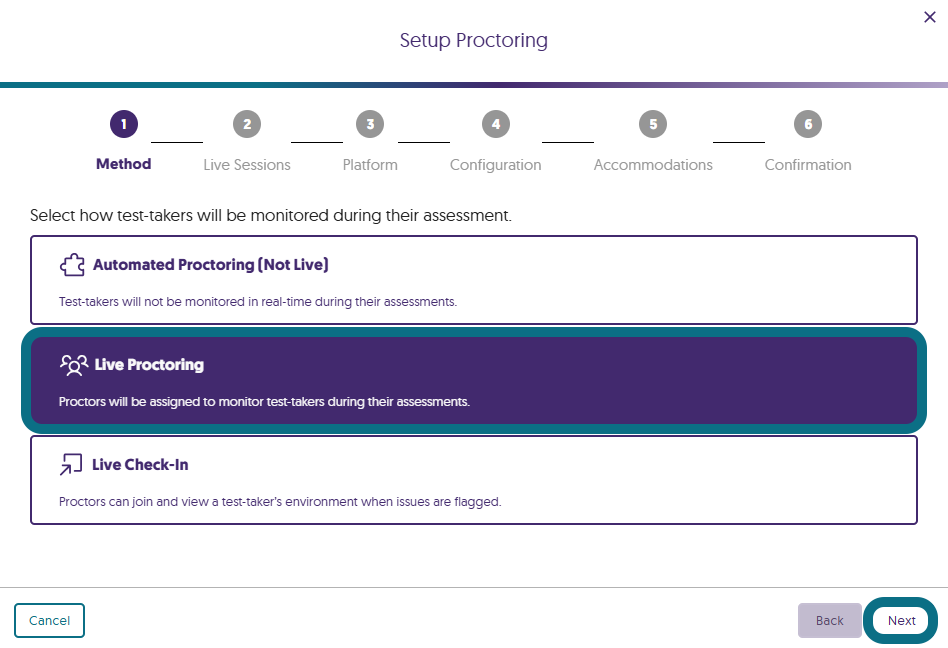 The Method step within the Setup Proctoring window.