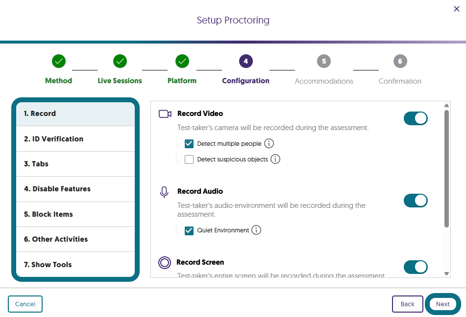 The Configuration step within the Setup Proctoring window.