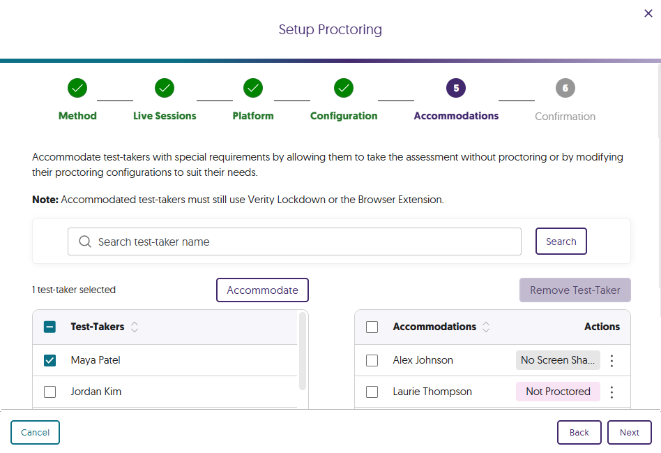 The Accomodations step within the Setup Proctoring window.
