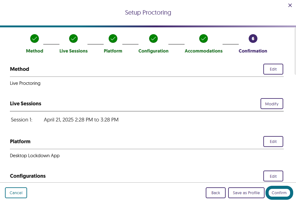 The Confirmation step within the Setup Proctoring window.