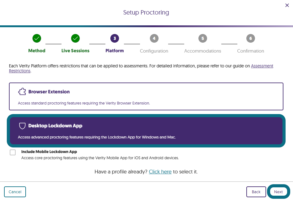 The Platform step within the Setup Proctoring window.