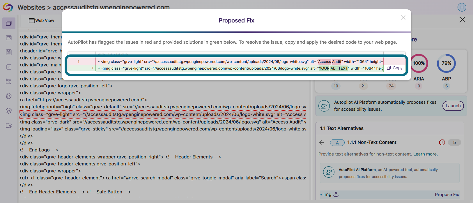The HTML of the web page has a copy icon to the right of the HTML highlighted in green.