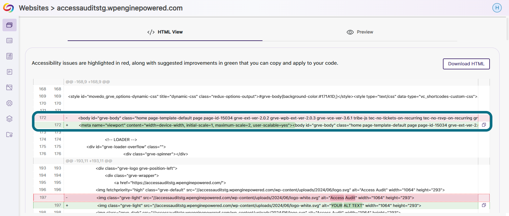 The HTML of the web page has a copy icon to the right of the HTML highlighted in green.