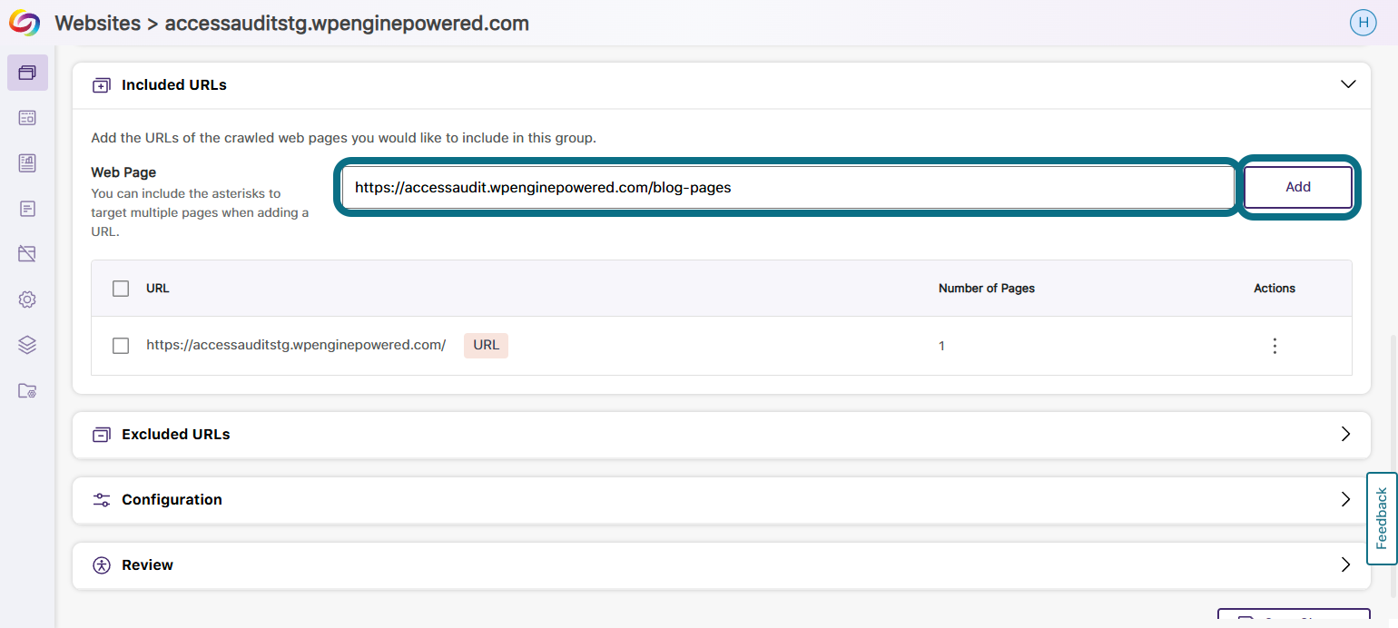 A text field is shown where included URLs can be entered.