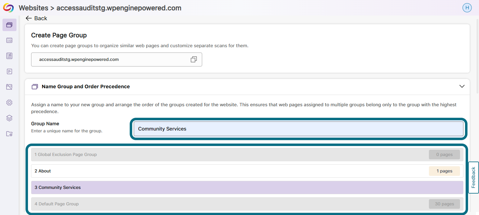 A text field is shown where a name can be entered, and then each page group can be rearranged.