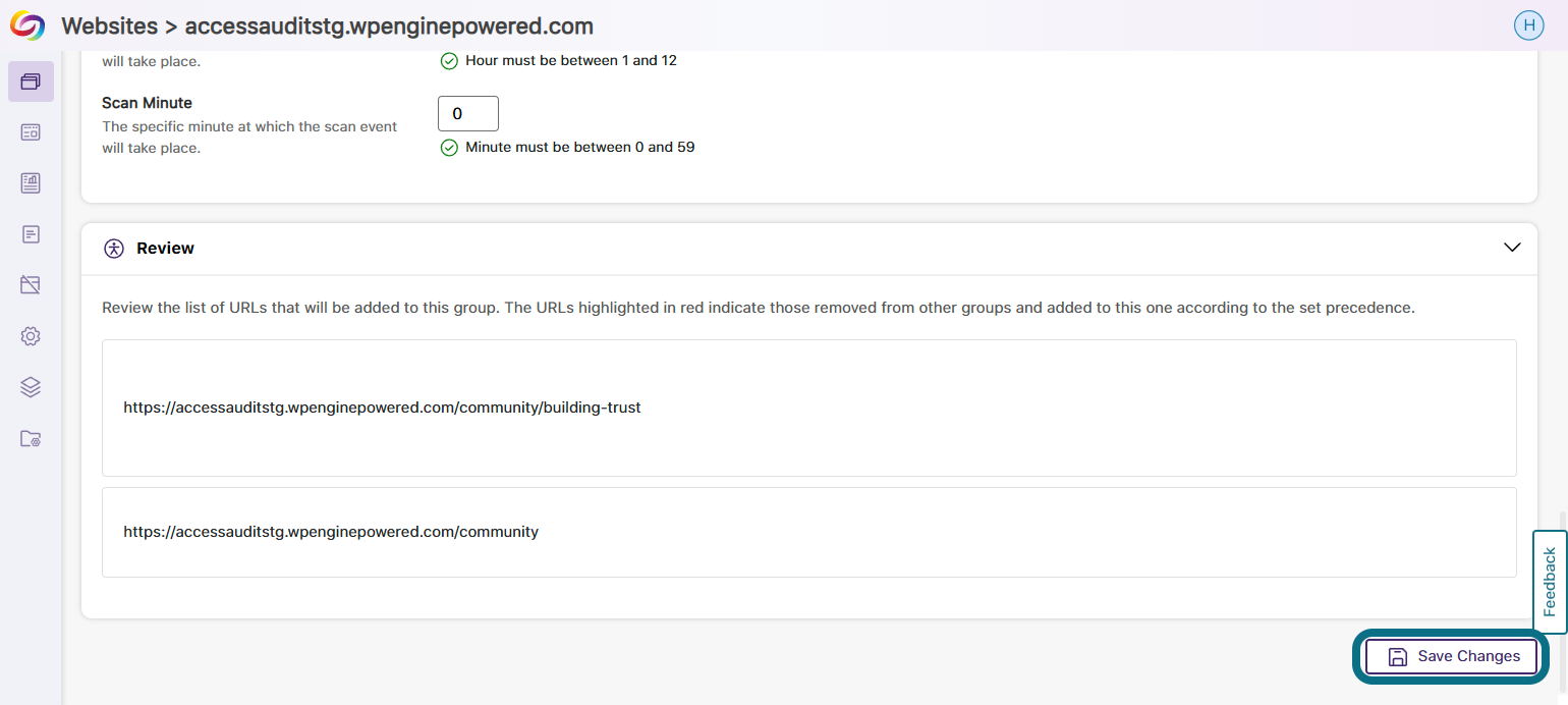 The save changes button is shown at the bottom-right of the page.