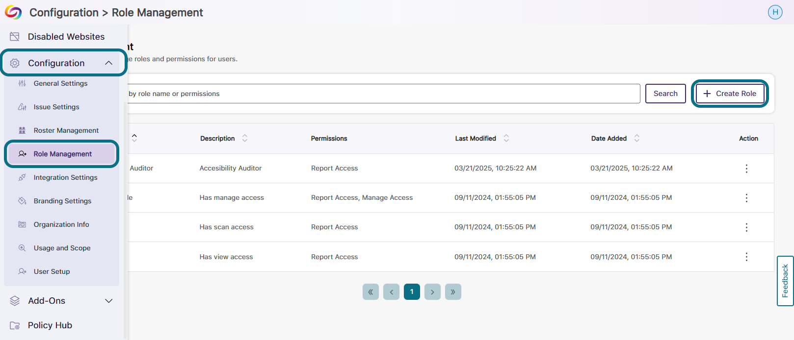 The role management page is shown and the Create Role button is highlighted.