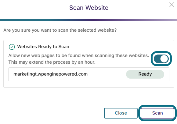 The Toggle button is shown enabled under Websites Read to Scan.