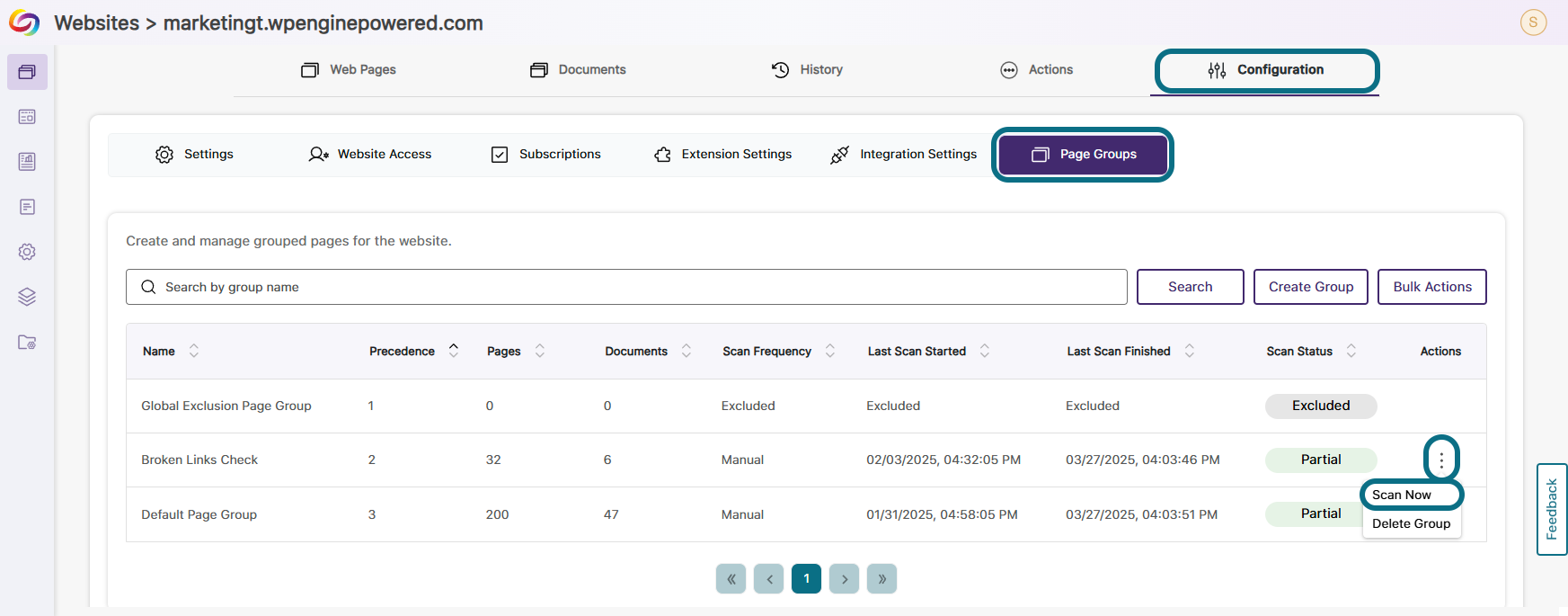 The Configuration and Page group tabs are selected. The Actions menu is located inside a table row for a page group.