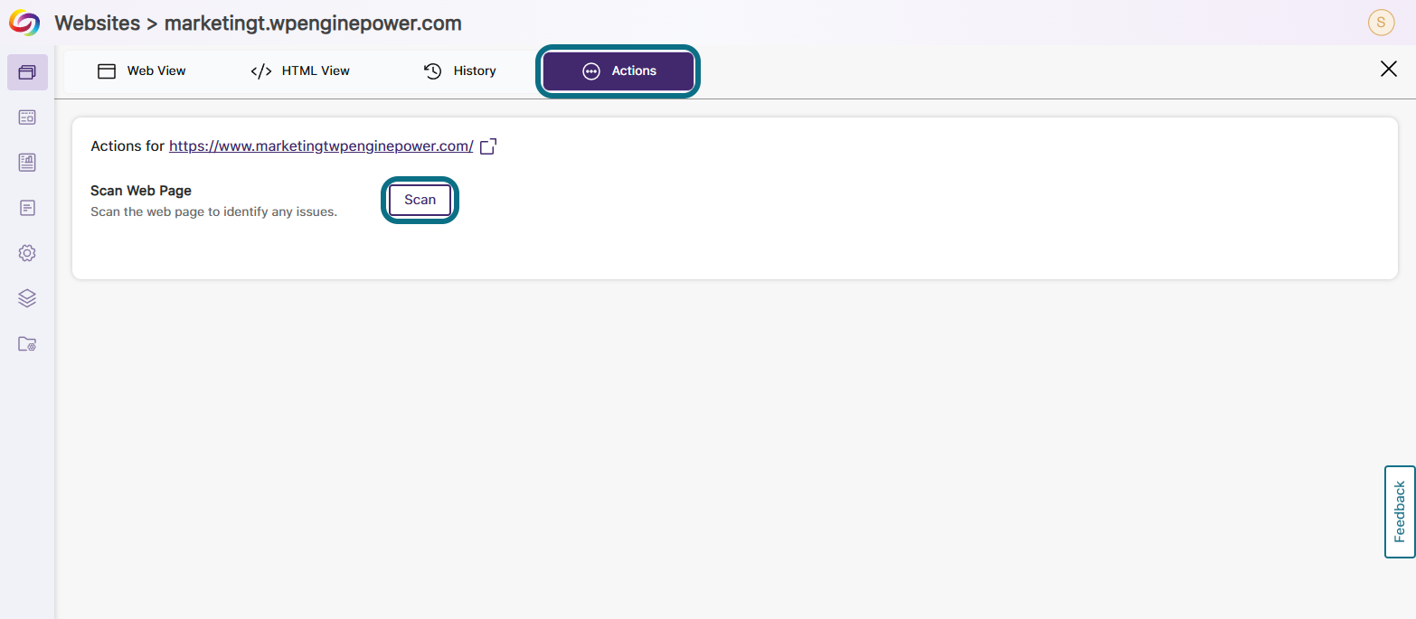 The actions tab is selected and shows a Scan button next to Scan Web page.