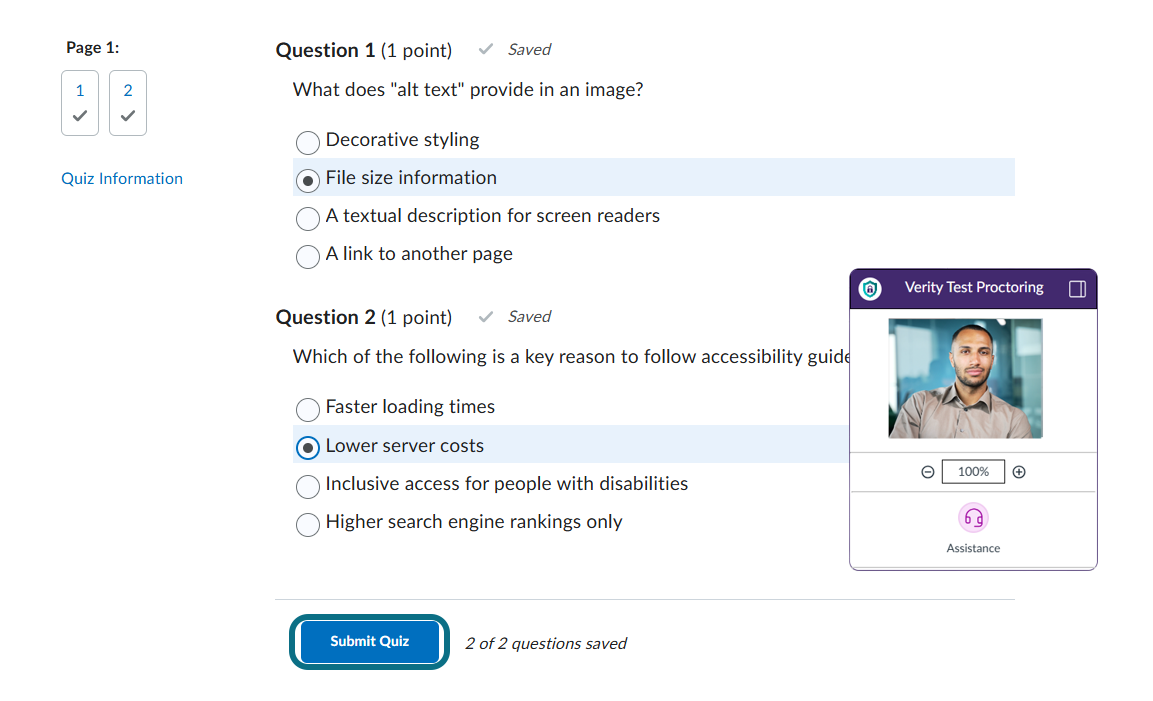 The quiz page in D2L highlighting Submit Quiz button.
