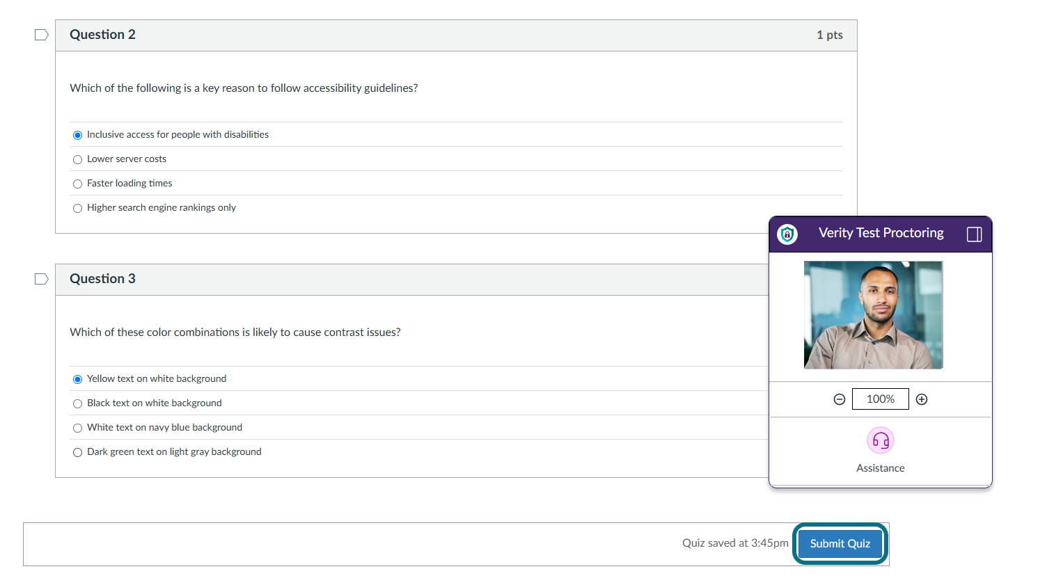 The quiz page in Canvas highlighting Submit Quiz button.