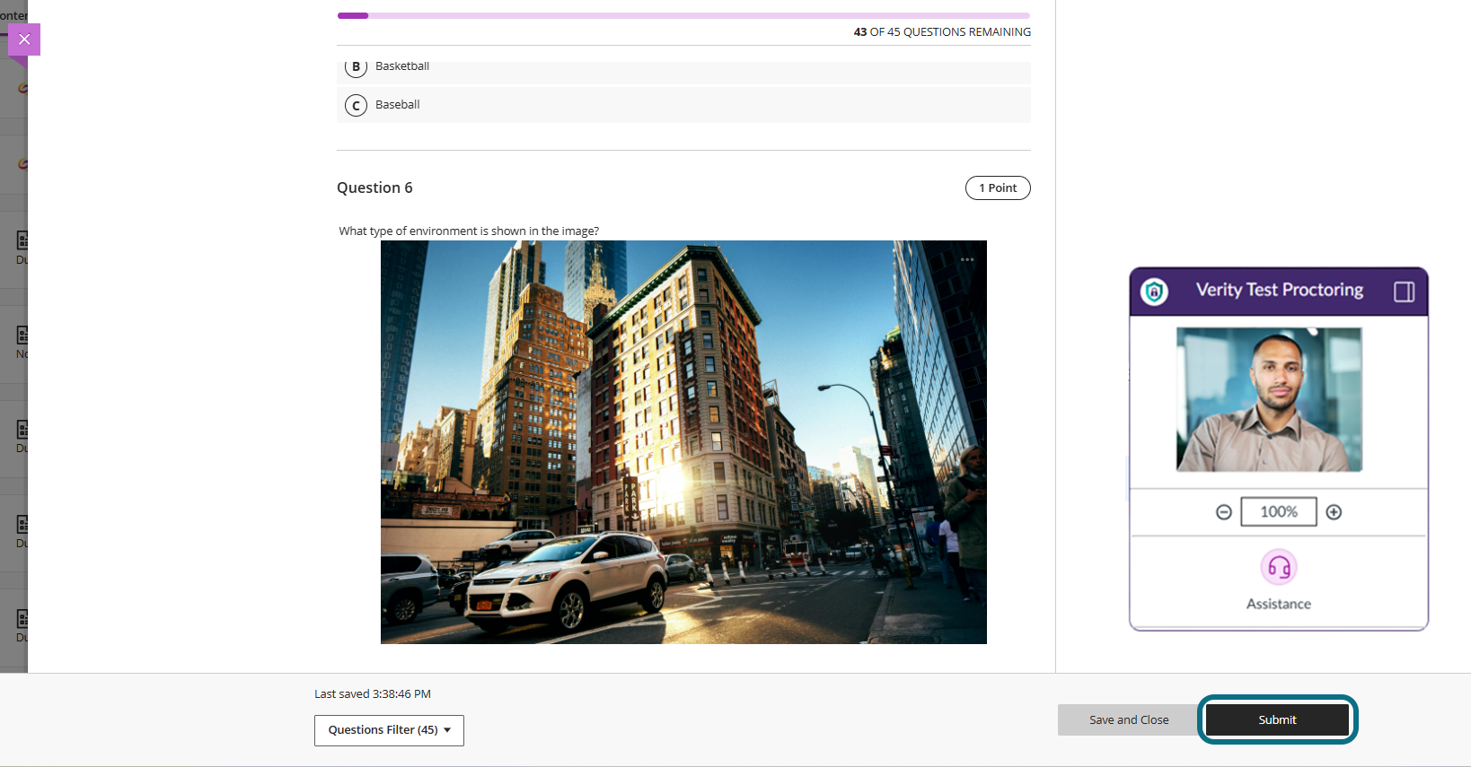 The quiz page in Blackboard highlighting Submit Quiz button.