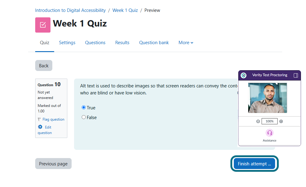 The quiz page in Moodle highlighting Submit Quiz button.
