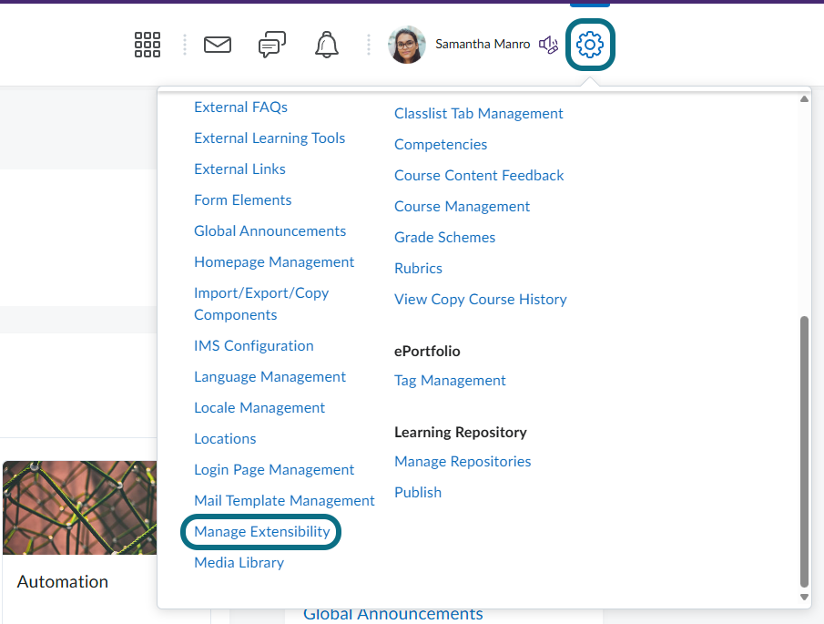 The manage extensibility option is shown in the Admin tools menu.