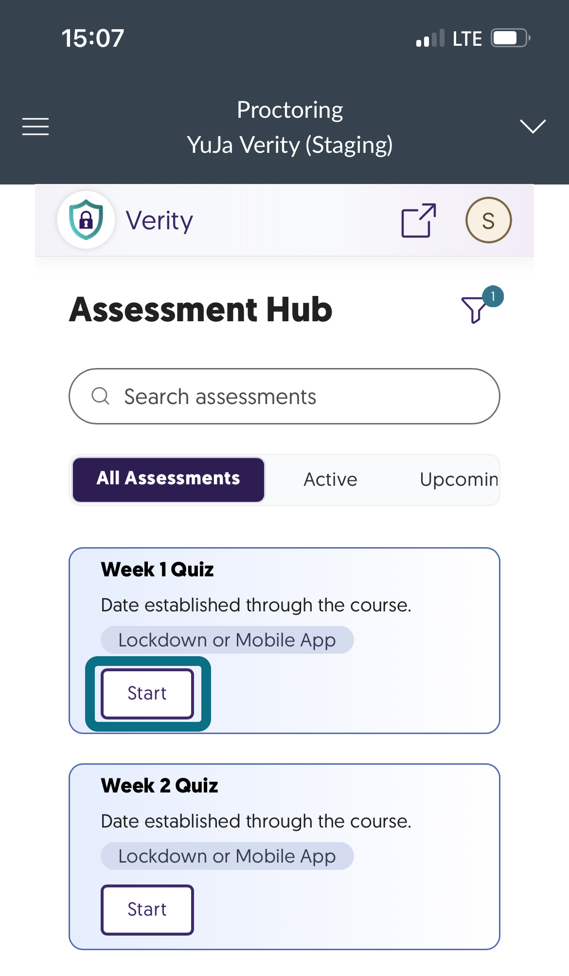 The Assessment Hub page in the Verity link.