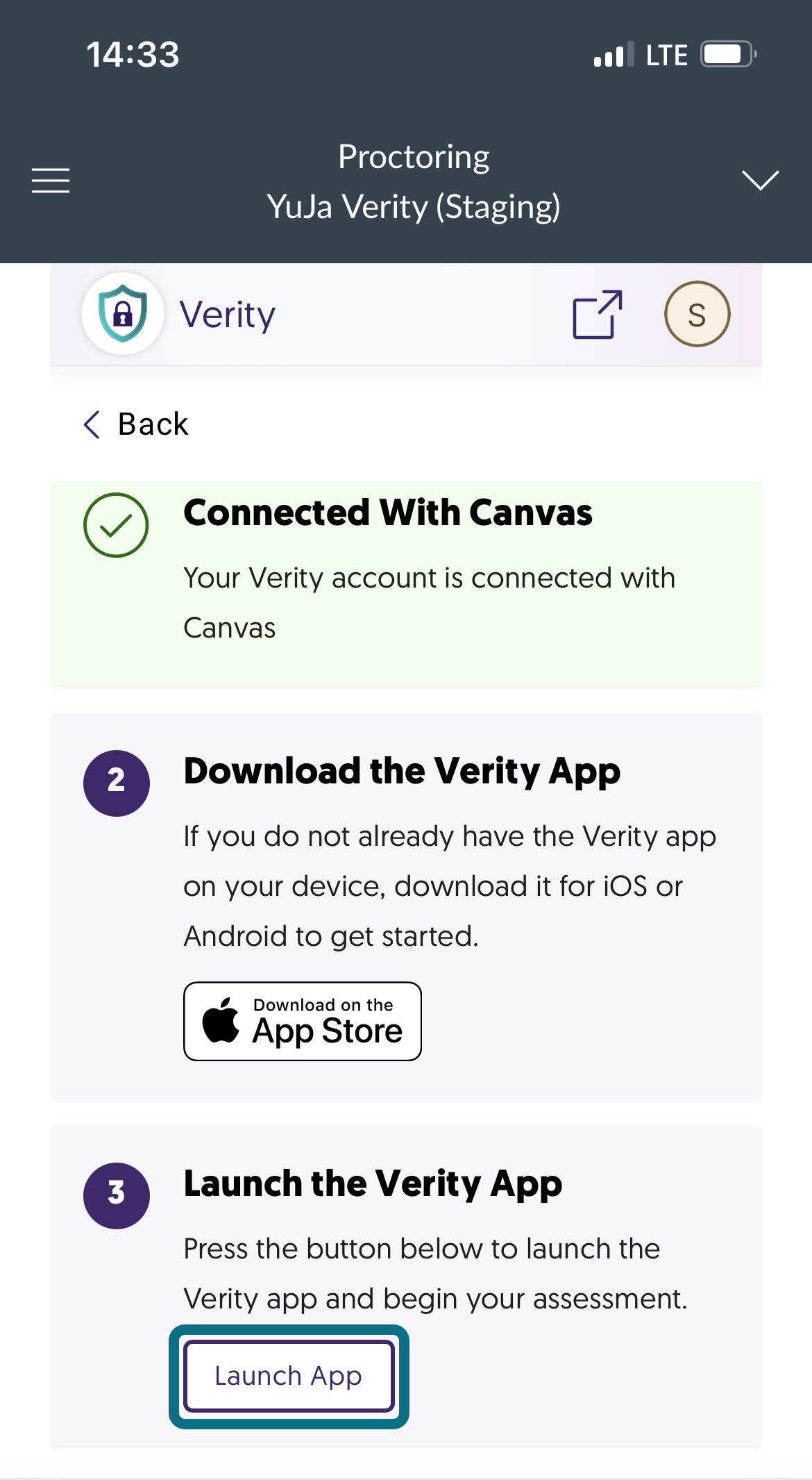 The Verity Setup page highlighting the Launch App button.