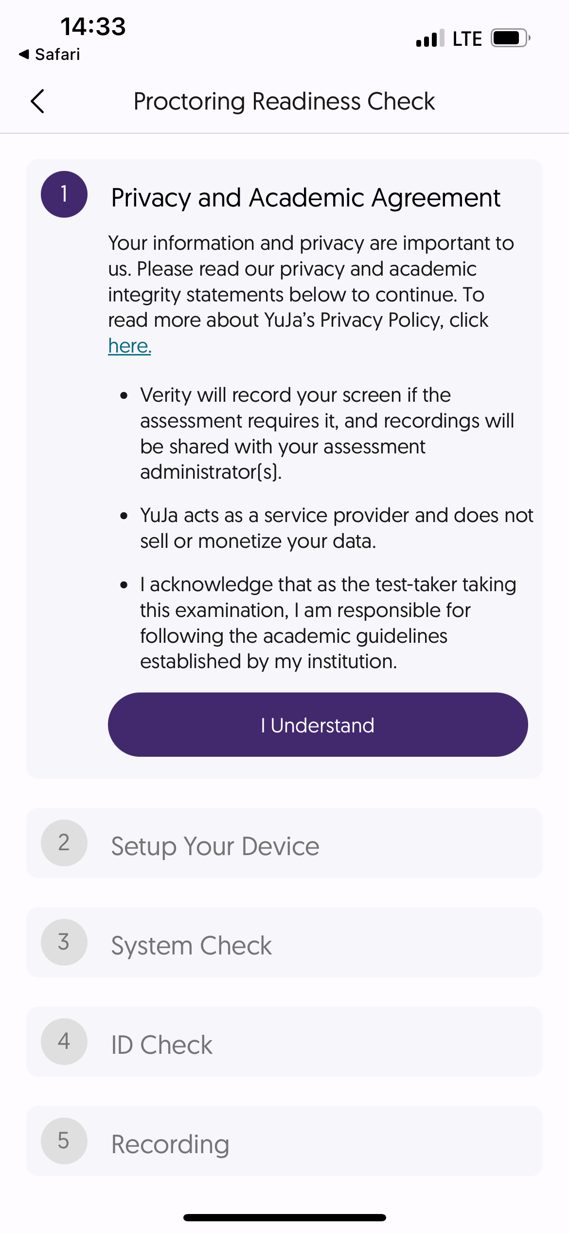 The Proctoring Readiness Check page in the YuJa Verity mobile app.