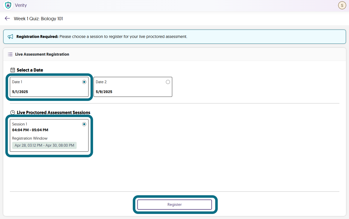 Selecting a date and time to schedule the live session