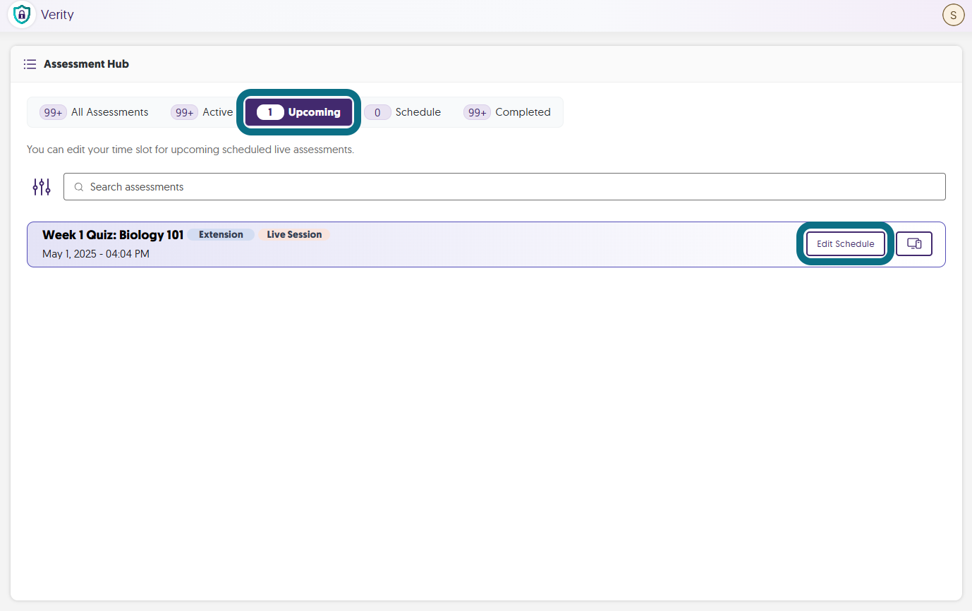 The Upcoming tab within the Assessment Hub in Verity.