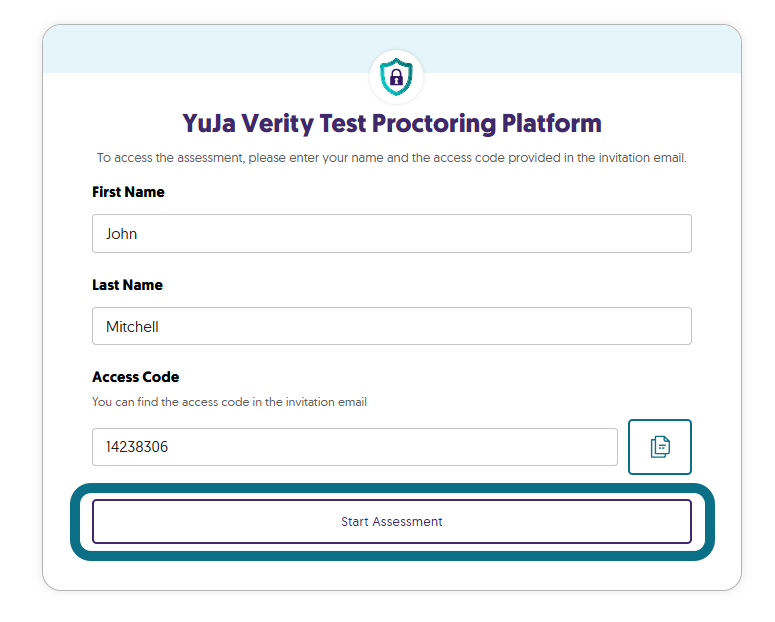 The assessment starting page of YuJa Verity highlighting the Start Assessment button.