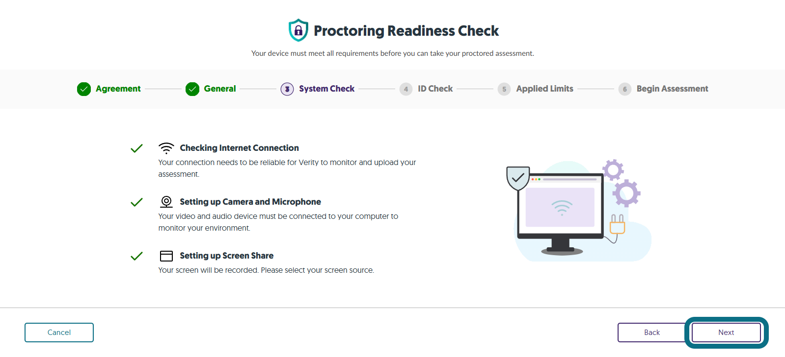 The step System Check within the Proctoring Readiness Check.