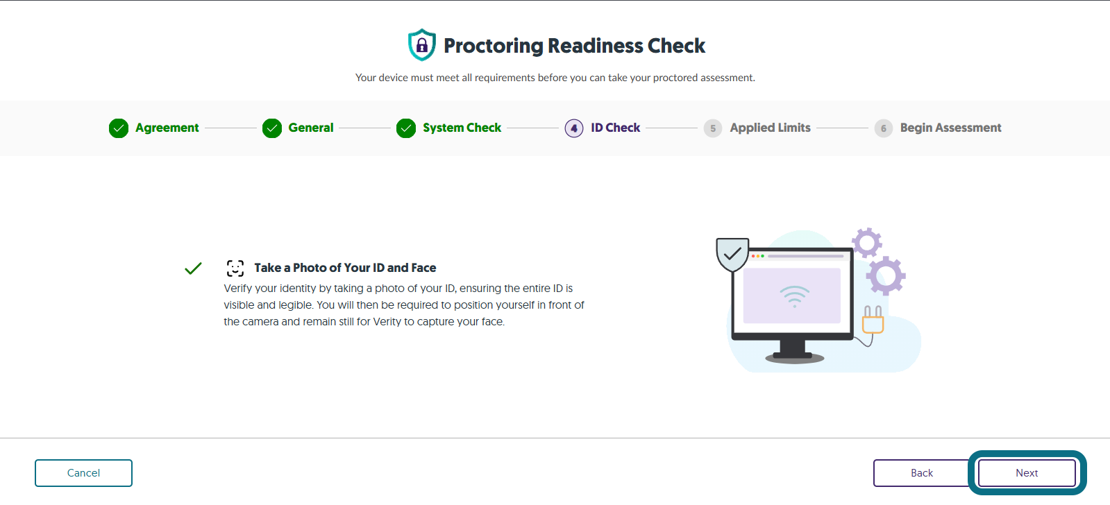 The step ID Check within the Proctoring Readiness Check.
