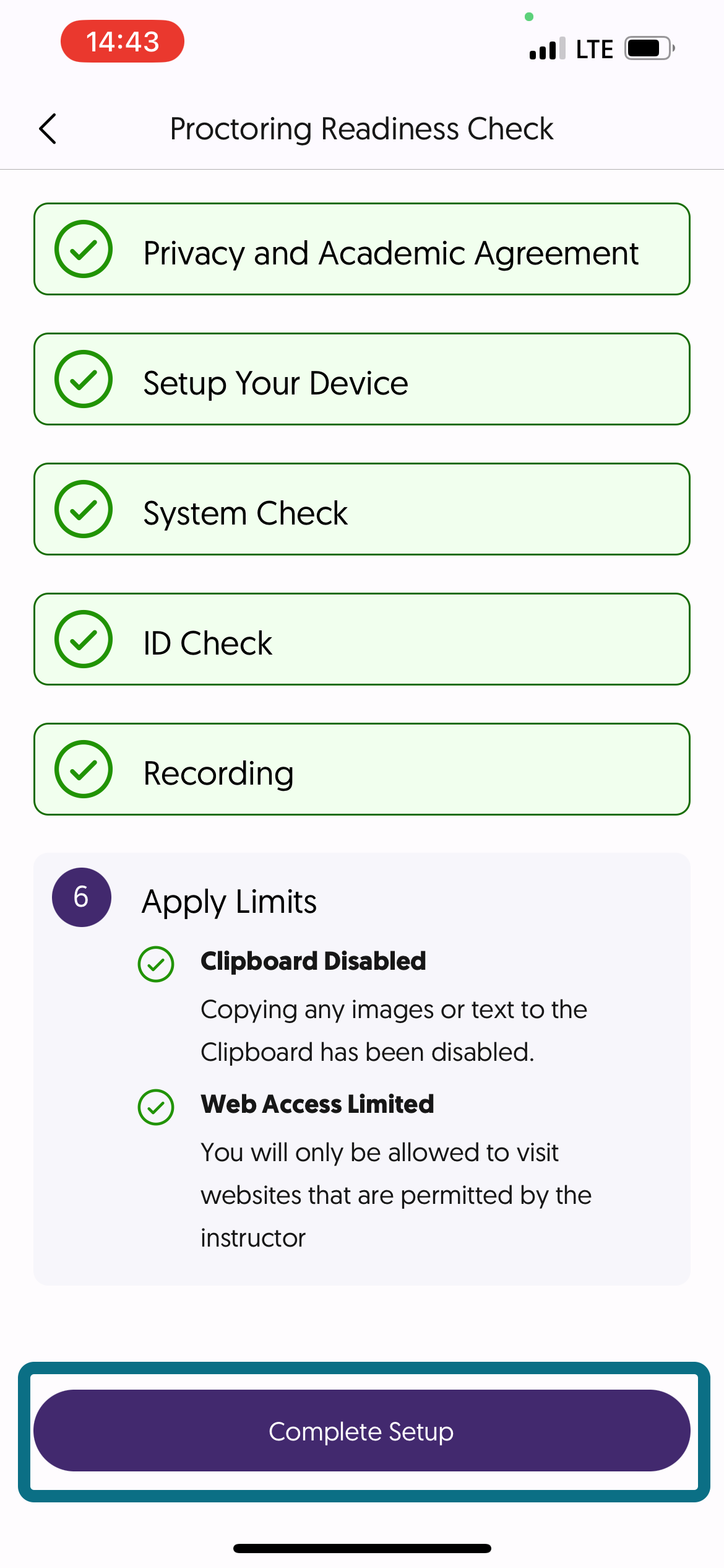 The Complete Setup button in the Proctoring Readiness Check page.