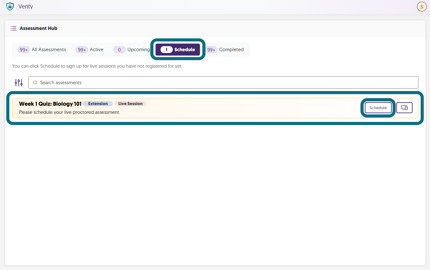 The Schedule tab within the Assessment Hub in Verity.