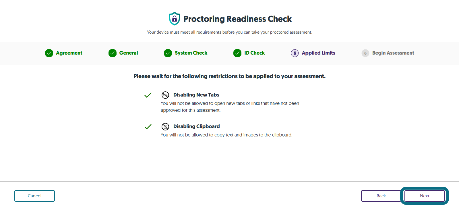 The step Applied limit within the Proctoring Readiness Check.