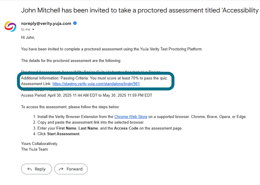 A sample email test-takers will receive from a standalone assessment.