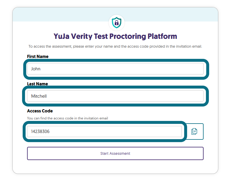 The assessment starting page of YuJa Verity highlighting the input fields.