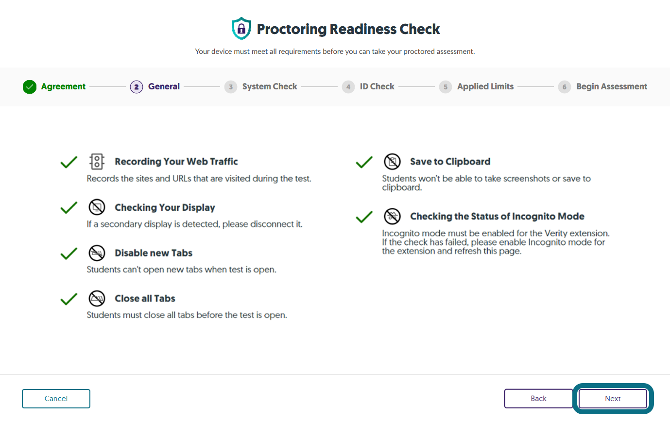 The step General Check within the Proctoring Readiness Check.