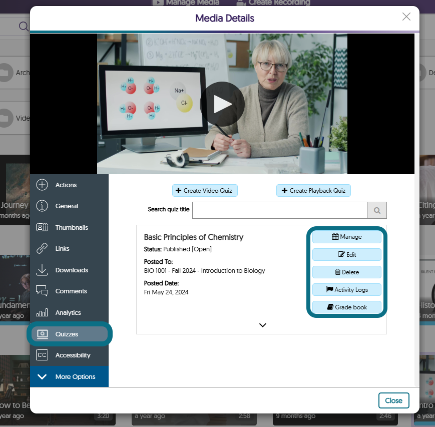 The Media Details window in the Video Platform highlighting the Quizzes button in the side panel and the setting options.