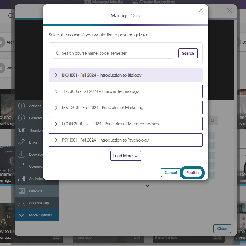 The Manage Quiz window in the Video Platform highlighting the Publish button.