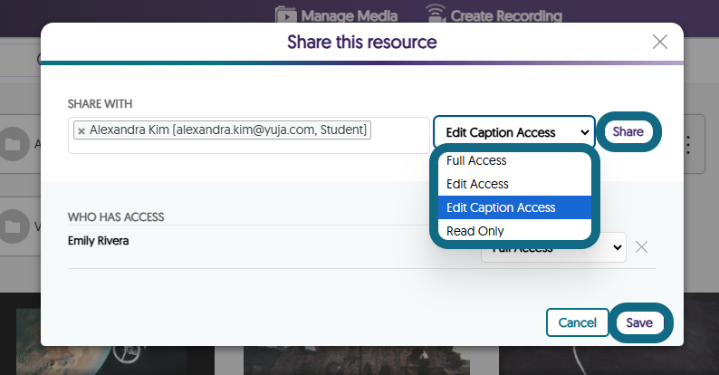 The Share this resource window highlighting the access options, the Share button and the Save button.