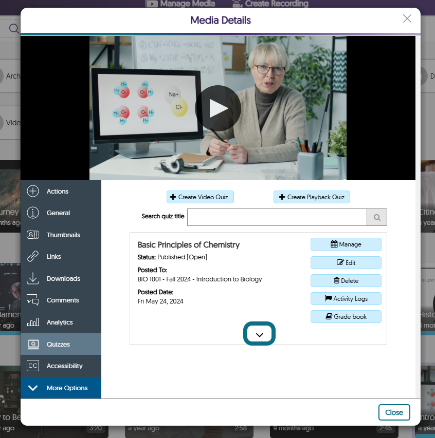 The Media Details window in the Video Platform highlighting the Quizzes button in the side panel and the Expand button.