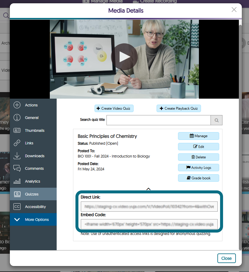 The Media Details window in the Video Platform highlighting the Quizzes button in the side panel, the Direct Link field, and the Embed Code field.