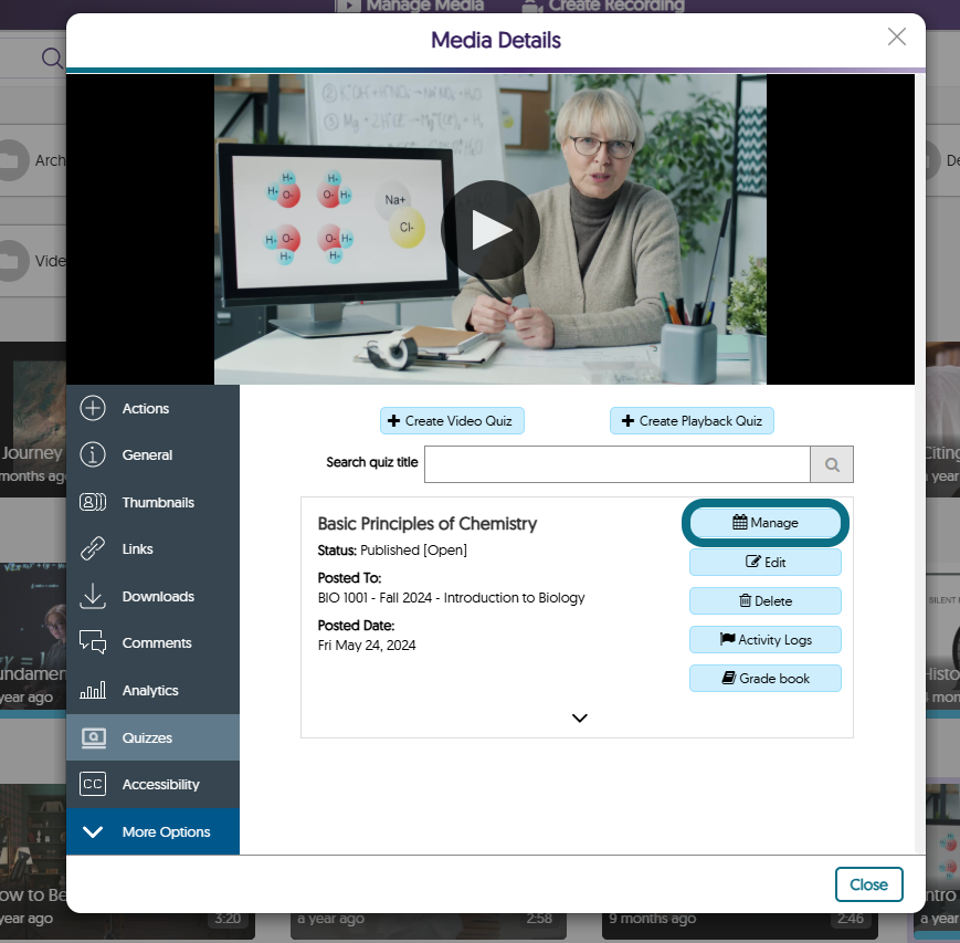 The Media Details window in the Video Platform highlighting the Quizzes button in the side panel and the Manage button.