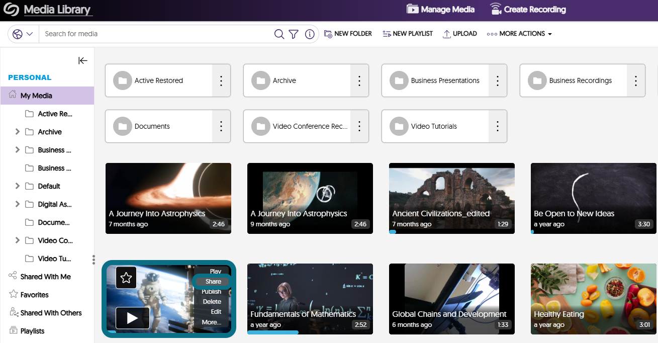 The home page of the Video Platform highlighting the Manage Media button and the Share button when hovering over a video.