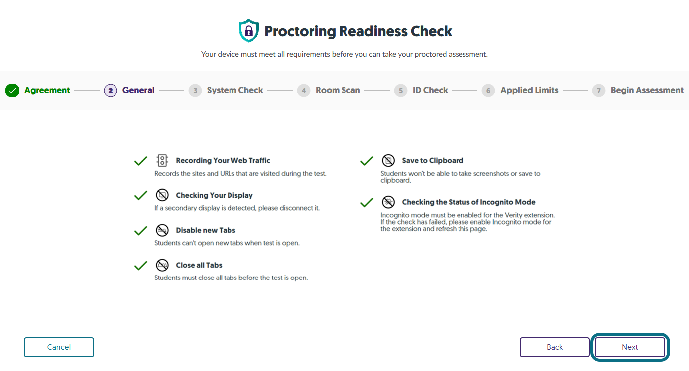 The step General Check within the Proctoring Readiness Check.