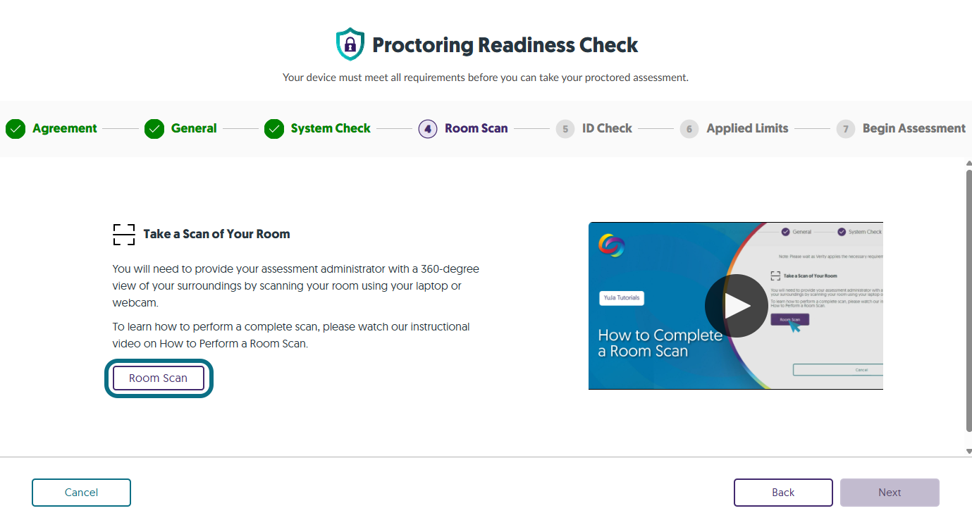 The step Room Scan within the Proctoring Readiness Check.