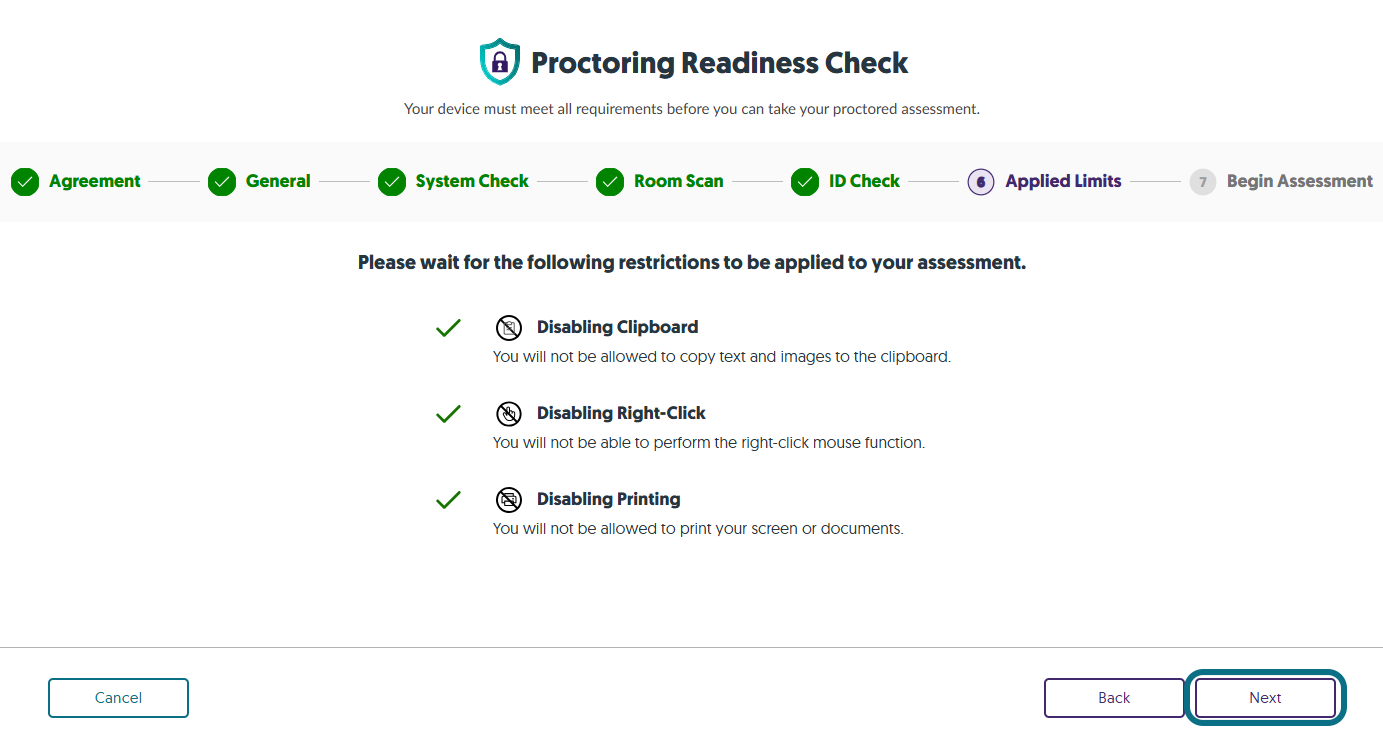 The step Applied Limits within the Proctoring Readiness Check.