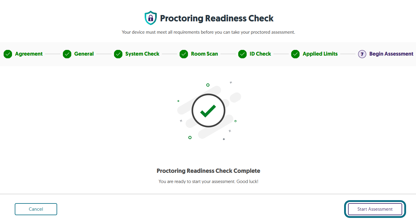 The step Begin Assessment within the Proctoring Readiness Check.