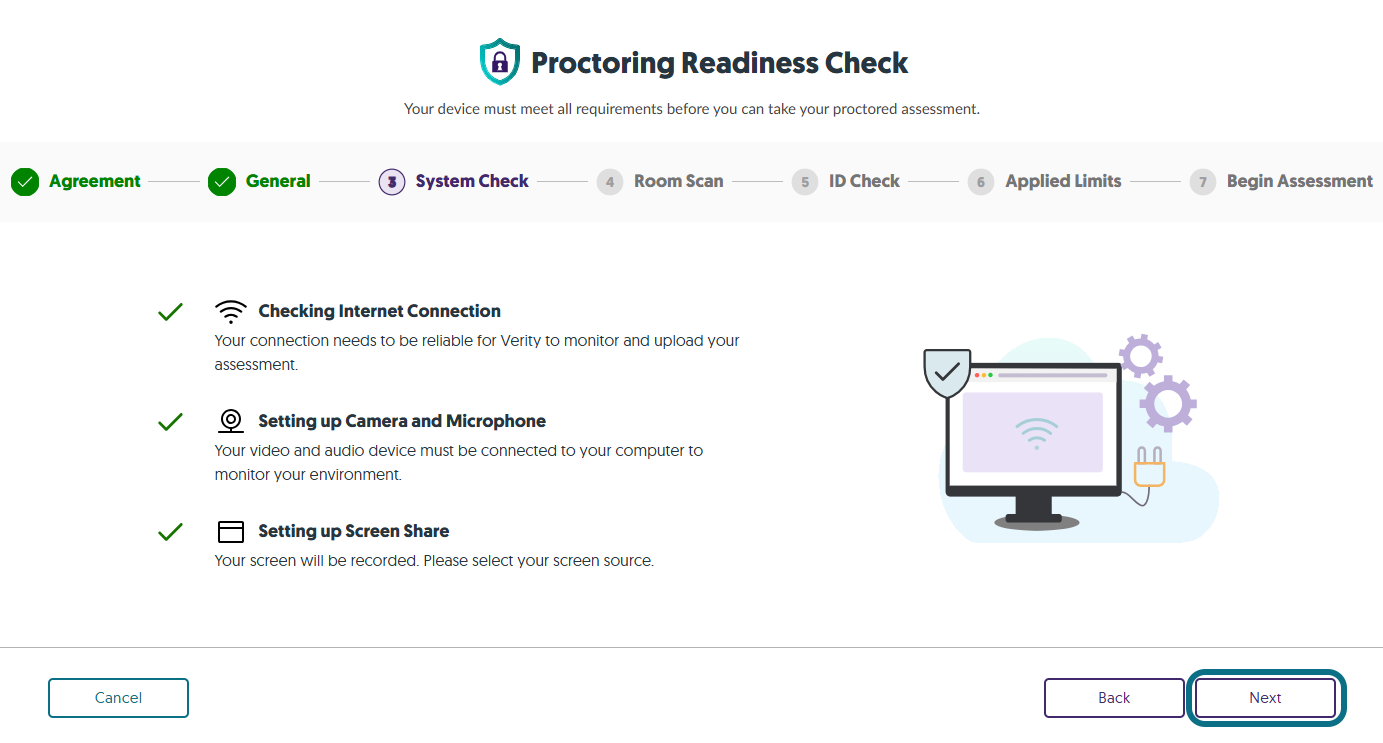 The step System Check within the Proctoring Readiness Check.