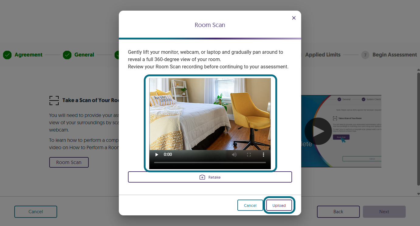 The step Room Scan highlighting the Upload button.