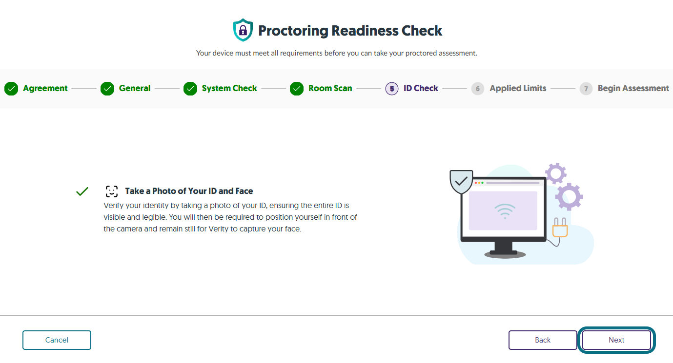 The step ID Check within the Proctoring Readiness Check.
